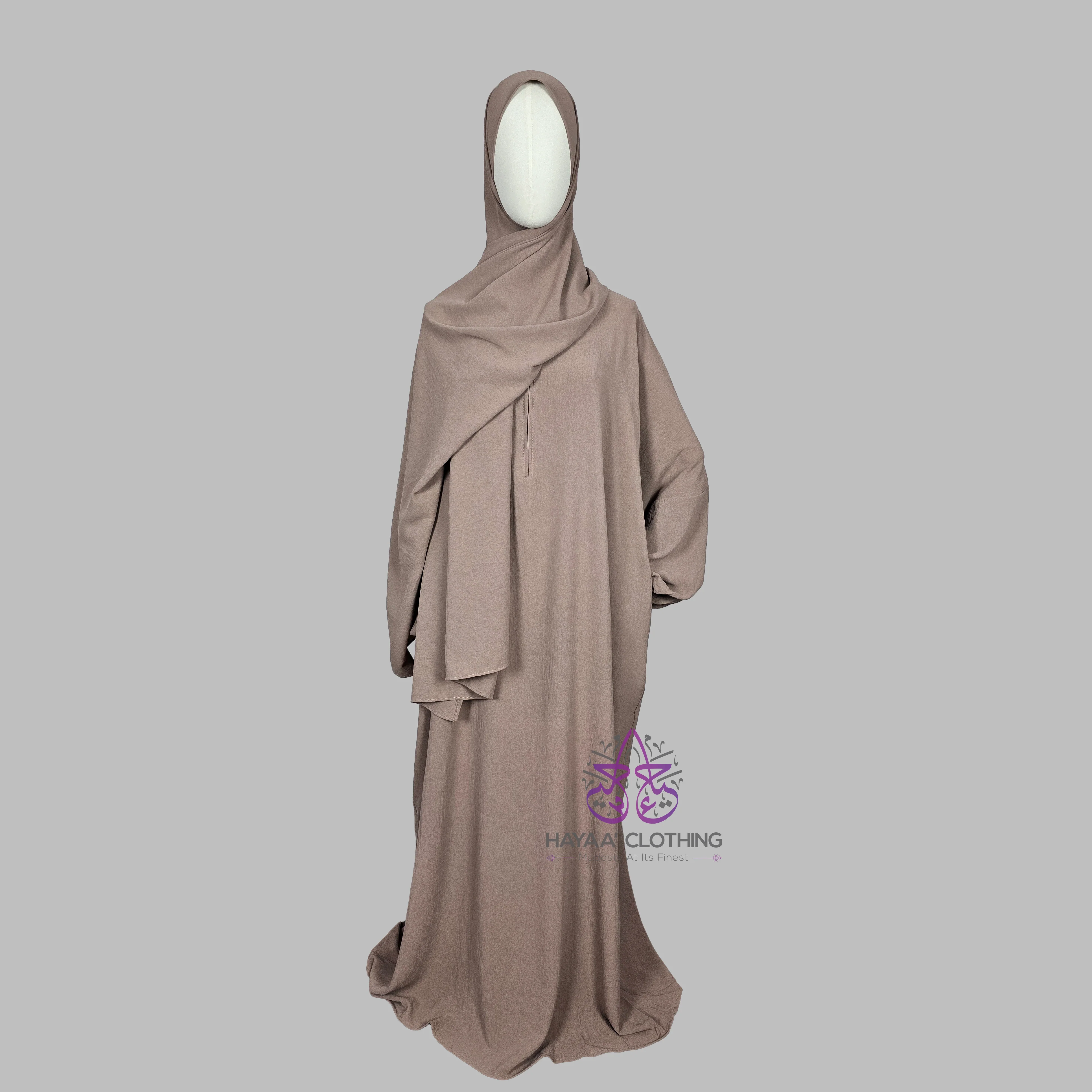 Luxury Prayer Abaya with Attached Hijab - Taupe - Image 3